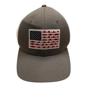 Columbia PFG FlexFit Fishing Hat S/M Gray White USA Flag Fish Patch Trucker